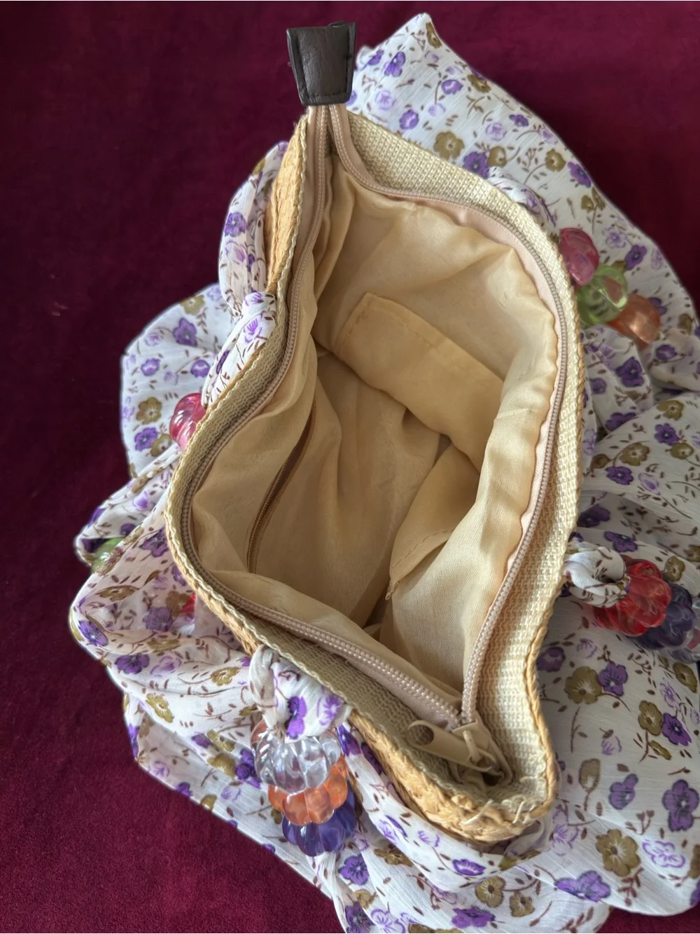 Floral Bubble Tote Bag with Beaded Handles - Cream and Lavender
